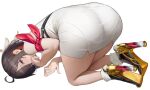  1girl ahoge all_fours ass atelier_(series) atelier_yumia black_hair commentary_request commission dress glass_heels hair_ornament hair_over_one_eye high_heels looking_at_viewer mole mole_under_eye multicolored_hair nyatabe pencil_dress purple_eyes red_hair short_hair skeb_commission solo two-tone_hair white_background yumia_liessfeldt 