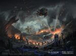  absurdres aircraft airship armor aymeric_de_borel battlefield black_hair cloud cloudy_sky copyright_name copyright_notice dark_clouds davidfrasheski destruction final_fantasy final_fantasy_xiv fire hien_rijin highres magic:_the_gathering mecha official_art robot scenery sky smoke standing sword war weapon 