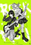  2girls \n/ ahoge artist_logo artist_name bandaid bandaid_on_cheek bandaid_on_face boots cactusandante chain closed_eyes collared_shirt commentary_request ear_piercing earrings electric_guitar fender_stratocaster fishnet_pantyhose fishnets full_body green_background green_eyes greyscale_with_colored_background guitar guitar_strap hair_ornament hairclip heart highres holding holding_guitar holding_instrument holding_plectrum hoop_earrings instrument jewelry kininatteru_hito_ga_otoko_ja_nakatta kneeling koga_mitsuki layered_sleeves leaning_back logo long_hair long_sleeves mole mole_under_eye multiple_girls multiple_rings nail_polish off-shoulder_sweater off_shoulder oosawa_aya pants pantyhose piercing pleated_skirt plectrum print_shirt ring shirt short_hair short_over_long_sleeves short_sleeves skirt smile spanish_commentary spot_color standing striped_clothes striped_shirt sweater text_background tomboy torn_clothes torn_pants 