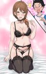  1boy 1girl age_difference aged_down black_bra black_choker black_hair black_panties black_thighhighs blush bow bra breasts brown_eyes brown_hair choker commentary_request cutiemachina earrings garter_belt garter_straps hair_bow hair_over_shoulder heart highres implied_incest incest jewelry kneeling lace-trimmed_bra lace-trimmed_panties lace-trimmed_thighhighs lace_trim lingerie mature_female medium_breasts medium_hair mole mole_on_breast mole_on_leg mole_on_neck mother_and_son natsuki_naoko natsuki_subaru navel onee-shota open_mouth panties pink_background re:zero_kara_hajimeru_isekai_seikatsu ring shirt smile sparkle stud_earrings sweat sweatdrop t-shirt thighhighs underwear wedding_ring 