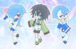  1girl 2boys 7731nm apron black_hair blue_eyes blue_hair blue_jacket blue_track_suit braid bright_pupils candy chibi closed_mouth food frilled_apron frills frown hair_between_eyes hair_over_one_eye hand_on_own_hip hand_on_own_thigh hand_up highres holding holding_candy holding_food holding_lollipop jacket jersey_maid keine_ron leg_warmers lollipop long_hair loose_socks maid maid_apron matsudappoine matsudappoiyo multiple_boys one_eye_covered open_mouth outline outside_border panda red_eyes short_hair sidelocks single_braid single_sidelock sleeves_past_wrists smile socks track_jacket track_suit turtleneck turtleneck_jacket unconventional_maid utau waist_apron white_leg_warmers white_outline white_pupils white_streaks zipper_pull_tab 