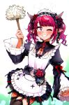 1girl ;d absurdres apron black_bow black_ribbon black_thighhighs blunt_bangs bow brooch chest_bow commentary ddolbang detached_collar drill_hair earrings flower_earrings frilled_apron frills garter_straps grin hair_ribbon halo hand_up highres holding holding_brush hololive hololive_english irys_(hololive) irys_(maid)_(hololive) jewelry juliet_sleeves lace lace-trimmed_collar lace_thighhighs lace_trim layered_sleeves long_sleeves looking_at_viewer maid maid_apron maid_headdress medium_hair multicolored_hair official_alternate_costume official_alternate_hairstyle one_eye_closed puffy_sleeves purple_eyes purple_hair red_hair ribbon smile solo star-shaped_pupils star_(symbol) star_halo streaked_hair symbol-shaped_pupils thighhighs twin_drills twintails virtual_youtuber waist_bow white_apron wide_sleeves 
