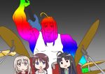  3girls ahoge awa_subaru bocchi_the_rock! drum drum_set electric_guitar girls_band_cry gorumosu guitar instrument iseri_nina kawaragi_momoka multiple_girls muscular muscular_female necktie parody rainbow_gradient shirt sleeveless sleeveless_shirt 