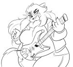 2025 5_fingers anaugi anthro bass_guitar black_and_white bottomwear canid canine canis clothed clothing female fingers guitar hair hi_res holding_bass holding_guitar holding_musical_instrument holding_object hoodie long_hair mammal minaru_(meadowmoos) monochrome musical_instrument neck_tuft open_mouth open_smile overweight overweight_female pants plucked_string_instrument shirt simple_background smile solo string_instrument t-shirt topwear tuft white_background wolf