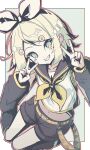  1girl absurdres bare_shoulders belt black_sailor_collar black_shorts black_sleeves blonde_hair blue_eyes bow collarbone detached_sleeves double_v dynamic_pose full_body hair_bow halka highres kagamine_rin looking_at_viewer medium_hair midriff muted_color navel outline outside_border red_outline sailor_collar shirt shorts sleeveless sleeveless_shirt solo v vocaloid white_shirt yellow_belt 