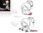  1girl chibi claws closed_eyes closed_mouth dinosaur egg faust_(project_moon) highres kishimen_hair limbus_company multiple_views ohzv oxygen_mask project_moon short_hair simple_background thoracalgia_(e.g.o) white_background white_hair 