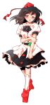 1girl black_bow black_bowtie black_hair black_skirt bow bowtie dairi defeat frilled_skirt frills full_body geta hat miniskirt puffy_short_sleeves puffy_sleeves red_hat red_shoes shameimaru_aya shirt shoes short_sleeves simple_background skirt socks solo tachi-e tengu-geta tokin_hat torn_clothes torn_socks touhou transparent_background white_shirt white_socks 