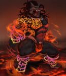 abs anthro black_body black_fur black_hair bulge cheek_tuft clothed clothing crouching dust_yang facial_tuft fangs fur hair hi_res jewelry lava looking_at_viewer male male_anthro markings muscular muscular_anthro muscular_male necklace open_mouth pecs sharp_teeth solo teeth topless tuft yellow_eyes yellow_markings
