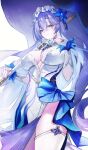  1girl blue_eyes blue_flower breasts cantarella_(wuthering_waves) cowboy_shot dress facial_mark fingernails flower hair_between_eyes hair_flower hair_ornament hand_up headdress highres large_breasts long_hair manche5ter mark_under_eye missing_commentary nail_polish purple_hair purple_nails solo thighhighs thighs very_long_hair white_dress white_thighhighs wuthering_waves 