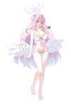  1girl absurdres barefoot blue_archive blush bra breasts cleavage closed_mouth commentary_request crescent crescent_pin crescent_print feathered_wings frilled_bra frills full_body hair_bun hair_ornament halo hand_up highres kurumi_lm large_breasts long_hair looking_at_viewer low_wings mika_(blue_archive) navel panties pink_hair pink_halo scrunchie simple_background single_hair_bun single_side_bun smile solo standing thighs toes underwear white_background white_bra white_panties white_wings wing_ornament wings wrist_scrunchie yellow_eyes 