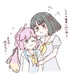  2girls :t ;3 ahoge amano_tatsu anyoji_hime black_hair blonde_hair blue_dress blue_eyes blunt_bangs blunt_ends blunt_sidelocks blush bob_cut cheek_press closed_mouth commentary_request dress flower flower_knot flying_sweatdrops gradient_hair hair_flower hair_ornament hasu_no_sora_school_uniform heads_together highres hood hooded_jacket jacket jealous link!_like!_love_live! long_hair looking_at_viewer love_live! momose_ginko multi-tied_hair multicolored_hair multiple_girls one_eye_closed open_clothes open_jacket pink_hair ponytail protecting puff_of_air raised_inner_eyebrows sailor_collar sailor_dress school_uniform short_hair sidelocks simple_background summer_uniform sweatdrop translation_request v-shaped_eyebrows virtual_youtuber white_background white_flower white_jacket white_sailor_collar yellow_eyes 