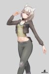  1girl absurdres alternate_costume animal_ears artist_name bob_cut breasts brown_eyes brown_jacket brown_shirt closed_mouth collarbone commentary crop_top english_commentary feet_out_of_frame fur-trimmed_jacket fur_trim grey_background grey_hair grey_pants head_tilt highres jacket knee_pads looking_at_viewer midriff mio_(xenoblade) navel open_clothes open_jacket pants shirt short_hair simple_background small_breasts smile solo stomach v xenoblade_chronicles_(series) xenoblade_chronicles_3 zambonito 