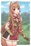  1girl animal_ear_fluff animal_ears armor armored_gloves artist_name belt black_dress blue_sky blunt_bangs blurry blurry_background border breastplate breasts brown_belt brown_gloves brown_hair closed_mouth cloud cloudy_sky collared_dress commentary cowboy_shot day dress elbow_gloves english_commentary eyelashes gloves grass high_collar layered_dress leather_armor lips long_hair looking_at_viewer metal_arm_cuffs metal_wrist_cuffs mountainous_horizon nanumn neck_ribbon outdoors outside_border pauldrons raccoon_ears raccoon_girl raccoon_tail raphtalia red_dress red_eyes red_ribbon ribbon short_dress shoulder_armor signature single_pauldron sky small_breasts smile solo standing straight_hair striped_clothes striped_dress tail tate_no_yuusha_no_nariagari thighs two-tone_dress vertical-striped_clothes vertical-striped_dress white_border white_dress 