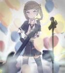  1girl balloon black_gloves black_jacket black_necktie black_skirt black_thighhighs blunt_bangs blurry blurry_background blurry_foreground breasts choker cleavage closed_mouth collarbone collared_shirt commentary depth_of_field earrings elbow_gloves electric_guitar feet_out_of_frame fingerless_gloves gloves guitar highres i_do_me!_(love_live!) instrument jacket jewelry kachimachi_kosuzu link!_like!_love_live! llb looking_at_viewer love_live! microphone microphone_stand miniskirt necktie o-ring o-ring_choker official_alternate_costume official_alternate_hairstyle open_clothes open_jacket pink_eyes pleated_skirt shirt short-sleeved_jacket short_sleeves single_earring skirt smile solo thighhighs twintails virtual_youtuber white_shirt zettai_ryouiki 