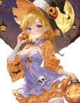  1girl absurdres bandaged_wrist bandages black_hat blonde_hair blue_eyes blush breasts bucket collarbone commentary_request dress earrings food food-themed_earrings fruit grin halloween halloween_bucket hat highres holding holding_bucket holding_pumpkin iwato_(celler) jack-o&#039;-lantern jewelry looking_at_viewer medium_breasts orange_(fruit) orange_scrunchie orange_slice original pumpkin pumpkin_earrings purple_dress scrunchie short_hair skull smile solo thigh_scrunchie thighhighs witch witch_hat 