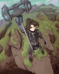  1girl absurdres armor blue_sky brown_hair buhbuhbored cliff cloud cloudy_sky gauntlets grass highres holding holding_weapon looking_at_viewer mole mole_under_eye mountainous_horizon orange_eyes pawn_(rimworld) plate_armor rimworld signature sky solo war_hammer weapon 