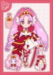  1girl akagi_towa black_ribbon border bottle bow_(music) bracelet bright_pupils cure_scarlet deformed detached_sleeves dot_nose dotted_line dress drill_hair earrings expressionless full_body fur_sleeves go!_princess_precure gold_bracelet gold_tiara grey_background grid_background hair_ornament highres instrument jewelry layered_dress leg_ribbon long_dress long_hair long_sleeves looking_at_viewer magical_girl medium_dress neck_ribbon outline parted_bangs parted_lips perfume_bottle pink_eyes pink_hair pleated_dress pleated_sleeves pointy_ears precure puff_(go!_princess_precure) red_border red_brooch red_dress red_ribbon red_shoes red_sleeves ribbon shoes short_sleeves signature standing straight-on tiara uwded_207 very_long_hair violin white_dress white_outline white_pupils wing_hair_ornament 