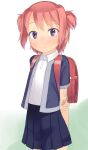 1girl backpack bag blue_jacket blue_skirt closed_mouth collared_shirt commentary_request cowboy_shot flat_chest highres jacket looking_at_viewer miniskirt original paid_reward_available pink_hair pleated_skirt purple_eyes randoseru red_bag shirt short_hair short_sleeves skirt smile solo two_side_up variant_set watermark white_shirt yone_kinji 