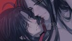  2boys ahoge alternate_hairstyle artist_name black_eyes black_hair blush closed_eyes english_commentary eyes_visible_through_hair hair_down hair_ribbon implied_sex lan_wangji long_hair looking_at_another male_focus minataka94 modao_zushi multiple_boys nude parted_bangs parted_lips pectorals red_background red_ribbon ribbon simple_background smile sweat upper_body watermark wei_wuxian yaoi 