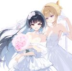  2girls adcd astra_yao bare_shoulders black_hair blonde_hair blunt_sidelocks bouquet bridal_veil bride dress evelyn_chevalier flower gloves highres holding holding_bouquet long_hair multiple_girls pink_flower purple_eyes red_eyes sidelocks smile upper_body veil wedding_dress white_background white_dress white_gloves white_headdress wife_and_wife yuri zenless_zone_zero 