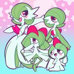  alternate_color artist_name bob_cut bowl_cut colored_skin dress elbow_gloves evolutionary_line gardevoir gloves green_hair green_skin hair_over_one_eye highres horns kirlia mega_gardevoir mega_pokemon pink_eyes pokemon pokemon_(creature) ralts sidelocks smile star_(symbol) star_symbol_background strapless strapless_dress tonestarr white_dress white_gloves 