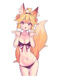  1girl :o ahoge animal_ears ass_visible_through_thighs bikini black_bikini blonde_hair bow bow_bikini collarbone double_bun english_commentary fox_ears fox_girl fox_tail hair_between_eyes hair_bun hands_up highres kazumiskill light_blush looking_at_viewer navel original red_bow red_eyes solo standing star_(symbol) star_in_eye swimsuit symbol_in_eye tail thick_eyebrows 
