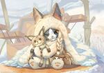  1other absurdres animal_ears animal_feet banbaro_(palico_armor) braid bugtrapper cat_ears cattailmaru character_doll chibikemo claws commentary doll english_commentary felyne fluffy fur_trim furry grey_fur grimalkyne highres holding hood monster_hunter:_world monster_hunter_(series) monster_hunter_world:_iceborne one_eye_closed orange_eyes other_focus outdoors pawpads player_palico pouch sitting smile snow solo 