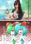  1girl alternate_color black_hair black_jacket blue_hair blue_skin colored_skin crossover feebas green_hair green_skin hair_over_one_eye highres horns idolmaster idolmaster_shiny_colors jacket kirlia long_hair multicolored_skin pokemon pokemon_(creature) ponytail shiny_pokemon shirase_sakuya shirt sidelocks sparkle translation_request tsukuda_hayato two-tone_skin white_shirt white_skin 