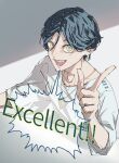  1boy :d absurdres blue_hair commentary_request english_text hair_between_eyes hand_up highres index_finger_raised looking_at_viewer male_focus meguriya_ayumu open_mouth shikishima_(3jikaika) shirt short_hair short_sleeves simple_background smile solo speech_bubble teeth toshi_densetsu_kaitai_center triangle_necklace upper_body white_shirt yellow_eyes 