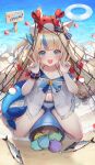  1girl :d absurdres ahoge animal_ear_fluff animal_ears beach bikini blonde_hair blue_bikini blue_eyes blue_hair blue_nails blue_sailor_collar cat_ears commentary crab crab_on_head day double_v double_w english_commentary fins fish fish_girl fish_tail fishing_net frilled_shirt frilled_shirt_collar frills full_body gainoob halterneck hands_up highres indie_virtual_youtuber lifebuoy_hair_ornament long_hair looking_at_viewer low_twintails multicolored_hair nail_polish navel ocean one_side_up open_mouth outdoors partially_unbuttoned sailor_collar sameko_saba sameko_saba_(fish) seashell shell shirt short_shorts shorts sitting sky sleeveless sleeveless_shirt smile solo streaked_hair striped_bikini striped_clothes swimsuit tail twintails v very_long_hair virtual_youtuber w water white_shirt white_shorts 