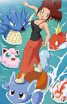  atsumi_(pokemon) balancing blue_eyes breasts brown_hair cleavage gen_1_pokemon goldeen jigglypuff long_skirt magikarp medium_breasts ocean pokemoa pokemon pokemon_(anime) pokemon_(creature) seadra skirt tank_top wartortle 