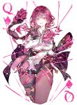  1girl absurdres black_jacket black_shorts breasts cocoballking collared_shirt cropped_legs eyewear_on_head gloves high-waist_shorts highres honkai:_star_rail honkai_(series) jacket kafka_(honkai:_star_rail) large_breasts long_hair long_sleeves looking_at_viewer pantyhose pince-nez purple_eyes purple_gloves purple_hair purple_thighhighs queen_(playing_card) shirt shirt_tucked_in shorts skindentation smile solo string sunglasses thigh_gap thighhighs white_shirt 