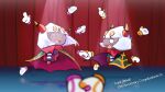 1boy 1girl anniversary barobakuoikawa cape closed_eyes curtains fangs green_cape holding_hands horns kirby:_triple_deluxe kirby_(series) old_friend_(kirby) open_mouth queen_sectonia rayman_limbs red_scarf scarf stage_curtains taranza white_hair 