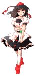  1girl black_bow black_bowtie black_hair black_skirt bow bowtie dairi defeat frilled_skirt frills full_body geta hat miniskirt puffy_short_sleeves puffy_sleeves red_hat red_shoes shameimaru_aya shirt shoes short_sleeves simple_background skirt socks solo tachi-e tengu-geta tokin_hat torn_clothes torn_socks touhou transparent_background white_shirt white_socks 