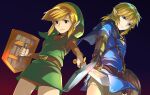  2boys belt black_capelet black_eyes blonde_hair blue_eyes blue_tunic bright_pupils brown_belt brown_gloves brown_pants brown_shorts brown_sleeves capelet champion&#039;s_tunic_(zelda) closed_mouth commentary_request dual_persona earrings fingerless_gloves gloves gradient_background green_hat green_tunic hair_tie hat holding holding_shield holding_sword holding_weapon in-franchise_crossover jewelry layered_sleeves left-handed link long_sleeves male_focus multiple_boys pants pointy_ears ponytail shield short_over_long_sleeves short_ponytail short_sleeves shorts sidelocks sparks sword the_legend_of_zelda the_legend_of_zelda:_breath_of_the_wild the_legend_of_zelda_(nes) tunic weapon white_pupils yuuki_shin 