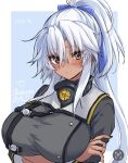  1girl black_nails blush breasts brown_eyes crossed_arms dark-skinned_female dark_skin dated glasses gradient_nails grey-framed_eyewear grey_hair grey_nails hair_between_eyes highres jewelry kantai_collection large_breasts long_hair looking_at_viewer mashiro_yukiya musashi_(kancolle) musashi_kai_ni_(kancolle) pointy_hair ponytail rectangular_eyewear rimless_eyewear ring sakuramon semi-rimless_eyewear signature solo upper_body very_long_hair wedding_ring 