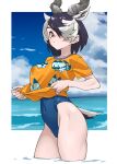  1girl antelope_ears antelope_horns bare_arms bare_legs black_hair black_one-piece_swimsuit blackbuck_(kemono_friends) blue_sky character_print clothes_lift cloud commentary covered_navel cowboy_shot day hair_over_one_eye highleg highleg_one-piece_swimsuit highres horns kemono_friends looking_at_viewer lucky_beast_(kemono_friends) multicolored_hair one-piece_swimsuit orange_shirt outdoors red_eyes shirt shirt_lift short_hair short_sleeves sky solo swept_bangs swimsuit swimsuit_under_clothes tail tanabe_(fueisei) two-tone_hair wading water white_hair 