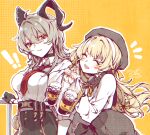  ! !! 2girls alternate_costume black_choker black_horns black_pants black_skirt blonde_hair breasts chest_harness choker chromatic_aberration closed_eyes collared_shirt commentary_request compose_coffee cup curled_horns disposable_coffee_cup disposable_cup earrings grey_hair harness heavy_chromatic_aberration high-waist_pants highres horns jewelry key_earrings korean_commentary large_breasts long_hair long_sleeves looking_at_viewer multiple_girls necktie open_mouth pants parted_lips phoebe_(wuthering_waves) red_necktie shirt shirt_tucked_in signature skirt smile sw_haze white_shirt wuthering_waves yellow_background zani_(wuthering_waves) 