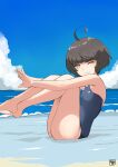  1girl absurdres ahoge bare_legs beach blue_one-piece_swimsuit blue_sky blush breasts brown_eyes brown_hair collarbone commentary_request day highres kantai_collection kishinami_(kancolle) looking_at_viewer new_school_swimsuit ocean one-hour_drawing_challenge one-piece_swimsuit one_eye_closed outdoors sand school_swimsuit short_hair sitting sky small_breasts smile solo swimsuit toplow water wavy_hair yellow_eyes 