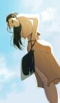  1girl absurdres black_hair blue_eyes closed_mouth commentary dongtan_dress dress dutch_angle eyelashes eyewear_on_head floating_hair hand_on_own_hip highres korean_commentary long_hair long_sleeves looking_back nico_robin one_eye_closed one_piece orange-tinted_eyewear outdoors short_eyebrows side_slit smile solo tinted_eyewear user_wgtw7488 