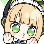  1girl against_fourth_wall animal_ear_headphones animal_ears animated animated_gif apron aqua_bow aqua_bowtie black_dress blonde_hair blue_archive blunt_bangs blunt_ends blush_stickers bow bowtie cat_ear_headphones cat_ears chibi chunye_haruya close-up collared_dress commission contrast_collar disembodied_hand dress fake_animal_ears fourth_wall green_eyes green_halo halo headphones looking_at_viewer lowres maid maid_apron maid_headdress midori_(blue_archive) midori_(maid)_(blue_archive) missing_commentary o3o official_alternate_costume official_alternate_hairstyle ponytail portrait second-party_source short_hair sidelocks simple_background solo transparent_background white_apron white_headdress 