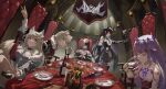  5girls alcohol animal_ears armchair asymmetrical_legwear banner black_hair black_horns black_jacket black_wings blonde_hair blue_eyes blue_hair bluehead_white_dragon bottle breasts broken_horn cake candlestand chair chest_jewel circlet cleavage closed_eyes colored_inner_hair cup demon_horns detached_sleeves dining_room dog_ears dog_girl dog_tail dress drinking_glass feather-trimmed_jacket feather-trimmed_sleeves feathered_wings fisheye fluffy_tail food fuwawa_abyssgard fuwawa_abyssgard_(1st_costume) gem highres holding holding_cup holoadvent hololive hololive_english horns jacket koseki_bijou koseki_bijou_(1st_costume) large_breasts looking_at_viewer low_wings mococo_abyssgard mococo_abyssgard_(1st_costume) multicolored_hair multiple_girls nerissa_ravencroft nerissa_ravencroft_(1st_costume) off_shoulder outstretched_arm plate purple_gemstone purple_hair red_eyes shiori_novella shiori_novella_(1st_costume) shirt sitting_sideways smile split-color_hair standing steepled_fingers table tail v vase vest virtual_youtuber w waistcoat white_dress white_hair white_shirt wilted_flower wine wine_bottle wine_glass wings yellow_eyes 