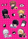  1girl 5boys :o aggressive_retsuko amane_misa apple arm_up arm_warmers badtz-maru bags_under_eyes barefoot black_coat black_eyes black_hair black_necktie black_pants black_shoes black_vest blonde_hair blue_pants brown_eyes brown_hair burn_scar chibi chibi_only chocolate chuqi717811861 cinnamoroll closed_mouth coat collared_shirt constricted_pupils cup death_note death_note_(object) disembodied_eye food fruit full_body fur-trimmed_hood fur_trim glasses green_eyes grey_hair grey_vest grin hair_between_eyes hands_in_pockets highres hood hood_up hooded_coat kuromi l_(death_note) long_hair long_sleeves looking_at_viewer mello_(death_note) messy_hair mikami_teru multiple_boys near_(death_note) necktie open_clothes open_coat pants pink_background pochacco pompompurin purple_background puzzle puzzle_piece red_necktie retsuko sanrio scar scar_on_face semi-rimless_eyewear shirt shoes short_hair sitting sleeveless sleeveless_shirt smile socks striped_arm_warmers striped_clothes striped_socks sugar_cube teacup two_side_up under-rim_eyewear vest watermark white_pants white_shirt wing_collar xiaohongshu_watermark yagami_light 