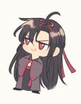  1boy ahoge black_boots black_hair black_hanfu boots chibi chibi_only chinese_clothes coat crossed_arms english_commentary full_body grey_coat grin hair_down hair_ribbon half_updo hanfu highres long_hair long_sleeves male_focus minataka94 modao_zushi official_alternate_costume official_alternate_hairstyle open_clothes open_coat red_eyes red_ribbon ribbon simple_background smile solo wei_wuxian wei_wuxian_(yiling_laozu) white_background wide_sleeves 