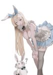  1girl ? absurdres animal_ears apron bare_arms bent_over black_ribbon black_thighhighs blonde_hair blue_dress blue_eyes blue_hairband blunt_bangs bow bow_hairband breasts cleavage collar crossed_legs detached_collar dress feet_out_of_frame frilled_apron frilled_dress frills hairband half-closed_eyes hands_on_own_knee highres large_breasts layered_dress leaning_forward long_hair maid neck_ribbon open_mouth original parted_bangs pijakk pleated_dress rabbit rabbit_ears ribbon short_dress simple_background single_thighhigh sleeveless sleeveless_dress solo standing straight_hair teeth thighhighs two-tone_bow upper_teeth_only white_apron white_background white_bow white_collar white_wrist_cuffs wrist_cuffs 