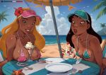  2girls aqua_bikini aqua_hat areola_slip artist_name beach beach_umbrella bikini black_hair blonde_hair blue_bikini blue_eyes blush breast_size_difference breasts brown_eyes cleavage cloud day flower food food_between_breasts hair_flower hair_ornament hat hibiscus highres ice_cream large_breasts lifeguard_(lilo_&amp;_stitch) lilo_&amp;_stitch lips long_hair multiple_girls nani_pelekai outdoors palm_tree pink_bikini pink_hat plate red_flower shell small_breasts starfish subscribestar_username sundae sweat swimsuit table tailforked tree umbrella visor_cap water web_address 