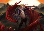  abs belt blonde_hair braid edward_elric fullmetal_alchemist gloves highres holding kikira male_focus mechanical_arm muscle outstretched_arm ruins scar single_braid solo standing yellow_eyes 