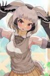  1girl animal_ears armpits arms_up bat-eared_fox_(kemono_friends) blush bow bowtie brown_eyes cardigan elbow_gloves extra_ears fox_ears fox_girl fox_tail gloves grey_hair highres kedama_(ughugjydthjdf) kemono_friends kemono_friends_3 looking_at_viewer shirt short_hair skirt sleeveless sleeveless_shirt solo tail 