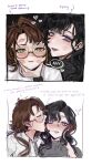  2girls absurdres arm_around_neck black_hair blush brown_hair closed_eyes collared_shirt commentary contemporary drunk ear_blush english_commentary english_text glasses green_eyes grey_shirt highres isolde_(reverse:1999) kakania_(reverse:1999) licking licking_another&#039;s_face lipstick_mark lipstick_mark_on_face long_hair multiple_girls noriiikonbu purple_eyes reverse:1999 shirt spoken_blush white_shirt yuri 
