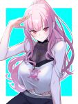  1girl aqua_background bare_shoulders black_pants black_shirt blush border breasts cleavage closed_mouth fingernails fishnet_top fishnets high_ponytail highres hololive hololive_english jewelry large_breasts long_hair looking_at_viewer mori_calliope mori_calliope_(streetwear) nail_polish navel necklace pants pink_eyes pink_hair pink_nails ponytail print_tank_top salute sashimi_(xoxosashimixoxo) shirt skull_print sleeveless sleeveless_shirt smile solo strap_slip tank_top twitter_username two-tone_background virtual_youtuber white_background white_border white_tank_top 